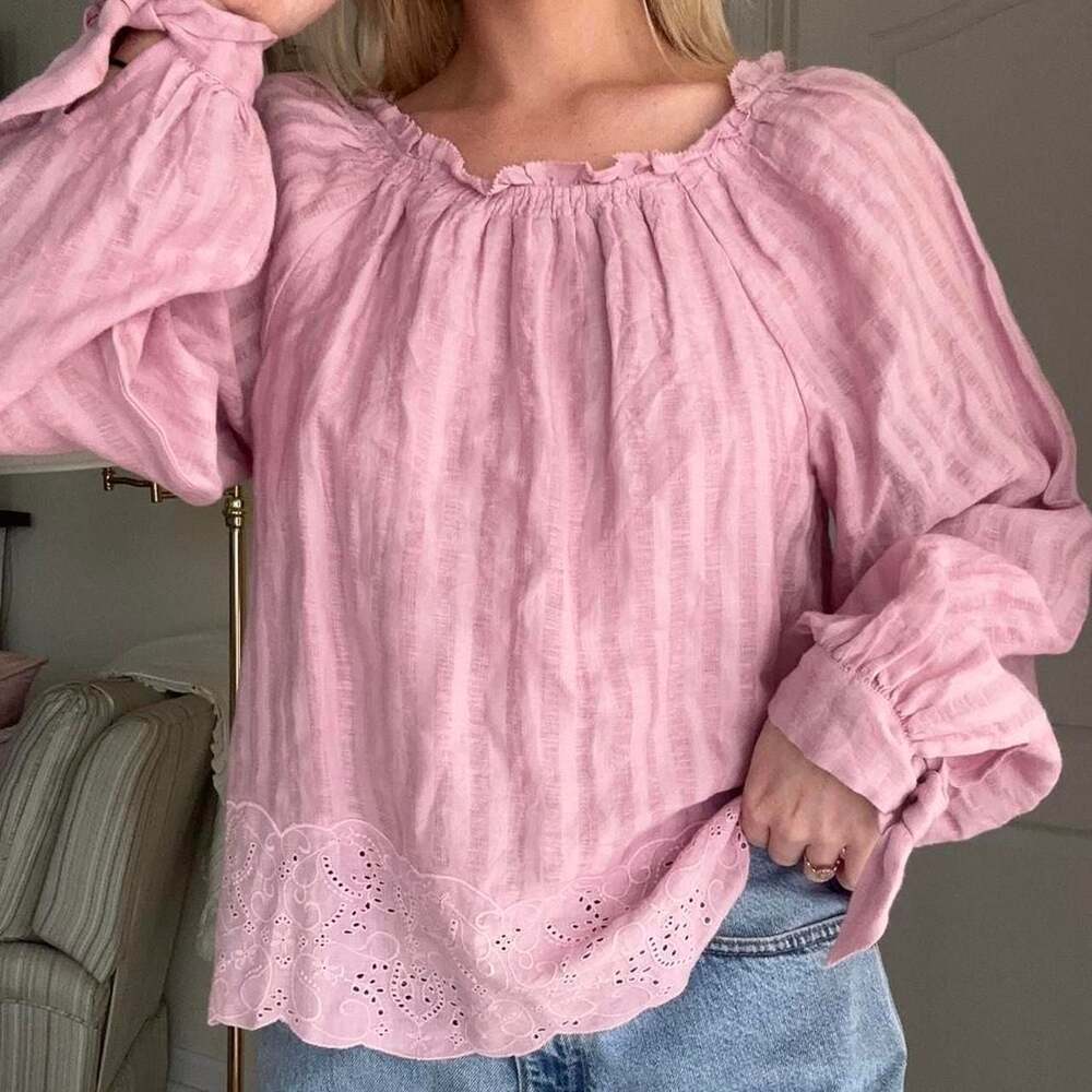 Joie Pink Linen Babydoll Eyelet Trim Blouse